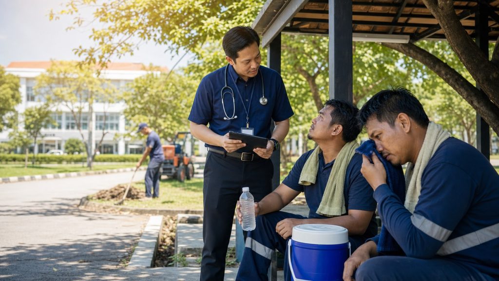 Pegawai kesihatan pekerjaan memeriksa pekerja yang berehat ketika cuaca panas